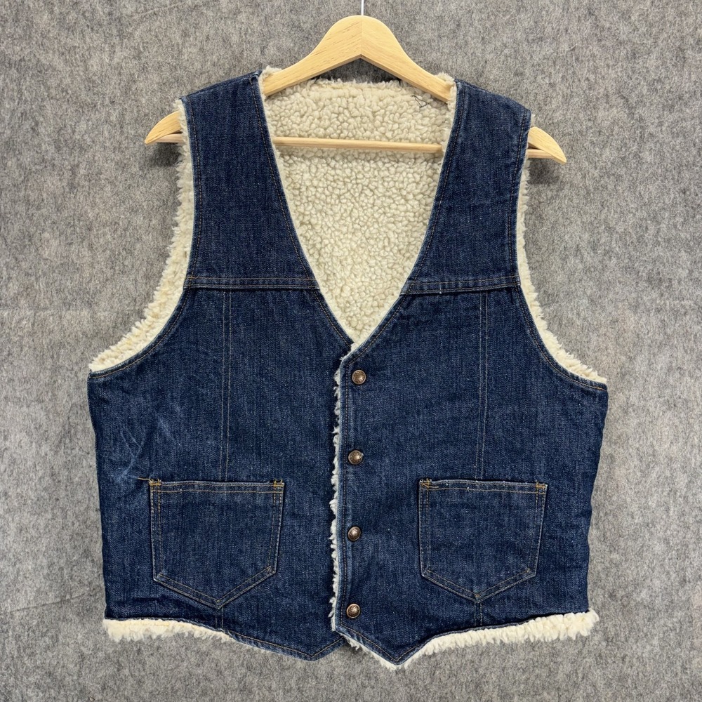 Vintage 1970s 1960s Sherpa Lined Denim Vest Western USA Button Pockets 20x23